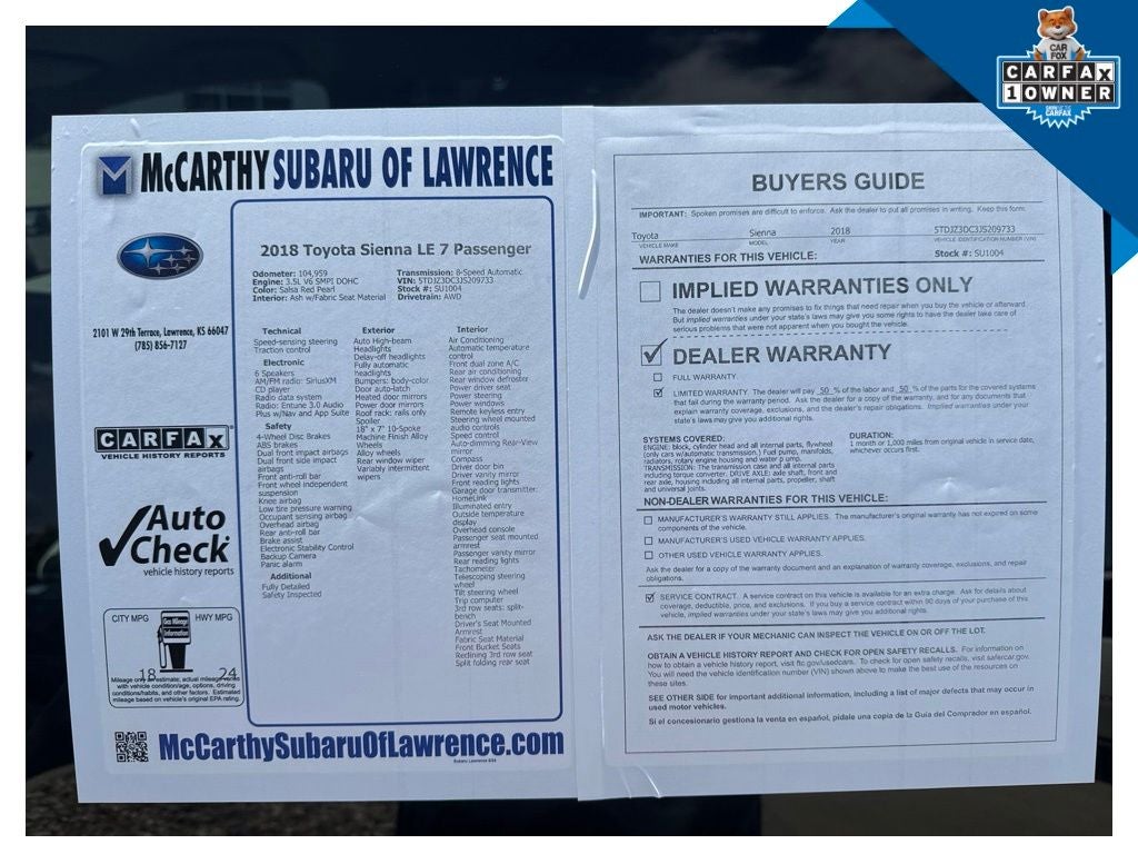 2018 Toyota Sienna LE 7 Passenger